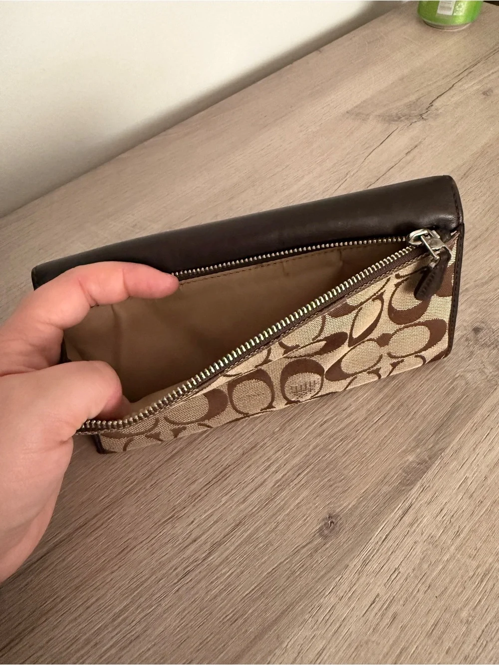 Coach Brown Signature Canvas Trifold Wallet with Leather Trim & Carriage Logo